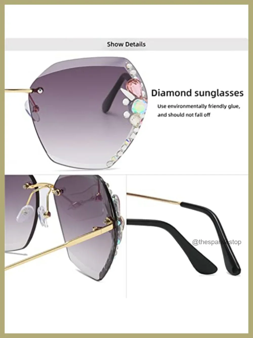 Women's Rimless Sunglasses Oversized Diamond Metal Frame UV Protection